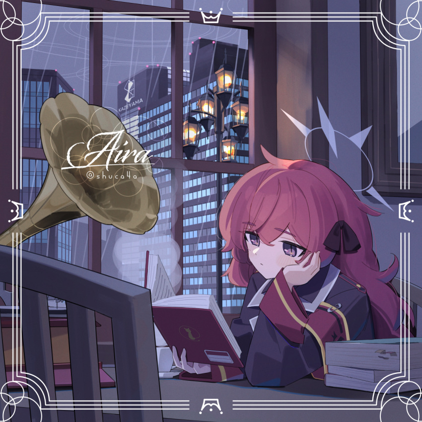 1girl armband blue_archive book building commentary_request cup hair_between_eyes hair_ribbon halo highres indoors iroha_(blue_archive) jacket lamppost long_hair military_jacket night phonograph rain reading red_armband redhead ribbon shuca_ca solo table teacup upper_body violet_eyes wavy_hair wide_sleeves window