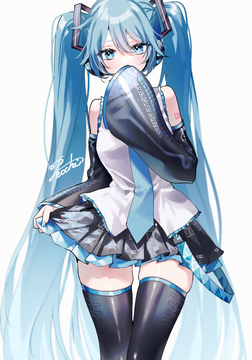 1girl aqua_eyes aqua_hair aqua_nails aqua_necktie bare_shoulders black_thighhighs breasts clothes_lift contrapposto covering_mouth cowboy_shot detached_sleeves double-parted_bangs grey_shirt hair_between_eyes hatsune_miku headphones highres lace-trimmed_shirt lace_trim layered_skirt long_hair looking_at_viewer medium_breasts miniskirt necktie pecchii pleated_skirt see-through see-through_sleeves shiny_clothes shirt signature simple_background skindentation skirt skirt_hold skirt_lift sleeveless sleeveless_shirt solo straight-on swept_bangs thigh-highs twintails very_long_hair vocaloid white_background wide_hips wide_sleeves zettai_ryouiki