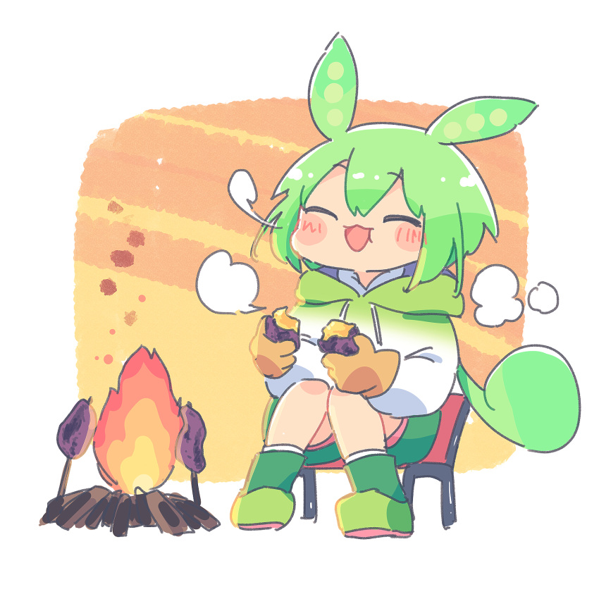 1girl ayakashi_(monkeypanch) blush_stickers boots campfire closed_eyes commentary eating fire food full_body full_mouth gloves gradient_clothes green_footwear green_hair green_hoodie green_shorts hair_between_eyes highres hood hoodie knees_together_feet_apart long_hair on_chair open_mouth orange_background orange_gloves ponytail roasted_sweet_potato shorts sitting smile socks solo steam_from_mouth sweet_potato voicevox white_background white_hoodie white_socks zundamon