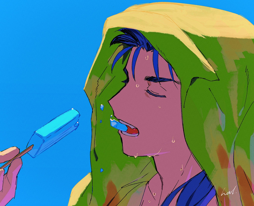 1boy biting blue_background blue_hair closed_eyes colored_eyelashes cu_chulainn_(fate) fate/grand_order fate_(series) food from_side hal_(haaaalhal) highres holding holding_food holding_popsicle hood hood_up long_hair male_focus open_mouth popsicle signature simple_background solo sweat teeth