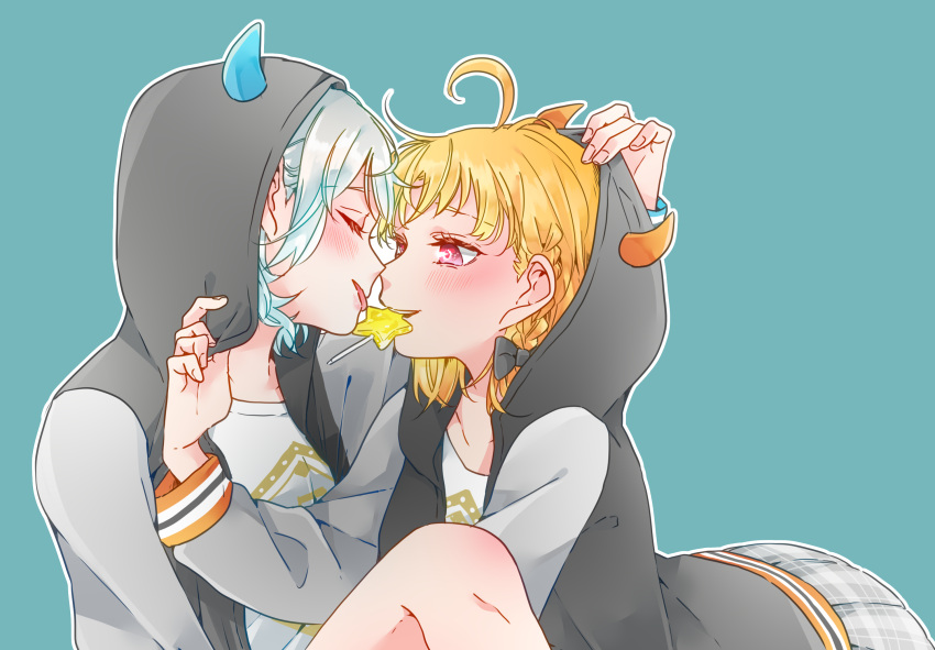 2girls ahoge black_bow black_jacket blue_background blush bow braid candy closed_eyes collarbone commentary_request couple fake_demon_horns food food_in_mouth grey_hair grey_skirt hair_bow highres hood hood_pull hood_up hooded_jacket jacket kashikaze knee_up licking lollipop long_sleeves looking_at_another love_live! love_live!_sunshine!! medium_hair multiple_girls open_clothes open_jacket orange_hair outline plaid plaid_skirt pleated_skirt red_eyes shirt short_hair side_braid sidelocks simple_background skirt takami_chika tongue tongue_out upper_body watanabe_you white_outline white_shirt yuri