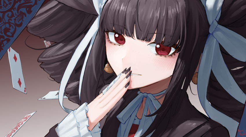 1girl absurdres black_hair black_jacket black_nails blunt_bangs blush card celestia_ludenberg danganronpa:_trigger_happy_havoc danganronpa_(series) drill_hair earrings floating floating_object gradient_background grey_background hand_to_own_mouth headdress highres jacket jewelry nail_polish neck_ribbon necktie playing_card portrait red_eyes red_necktie ribbon rorirori_(rorirori45) solo twin_drills twintails white_ribbon