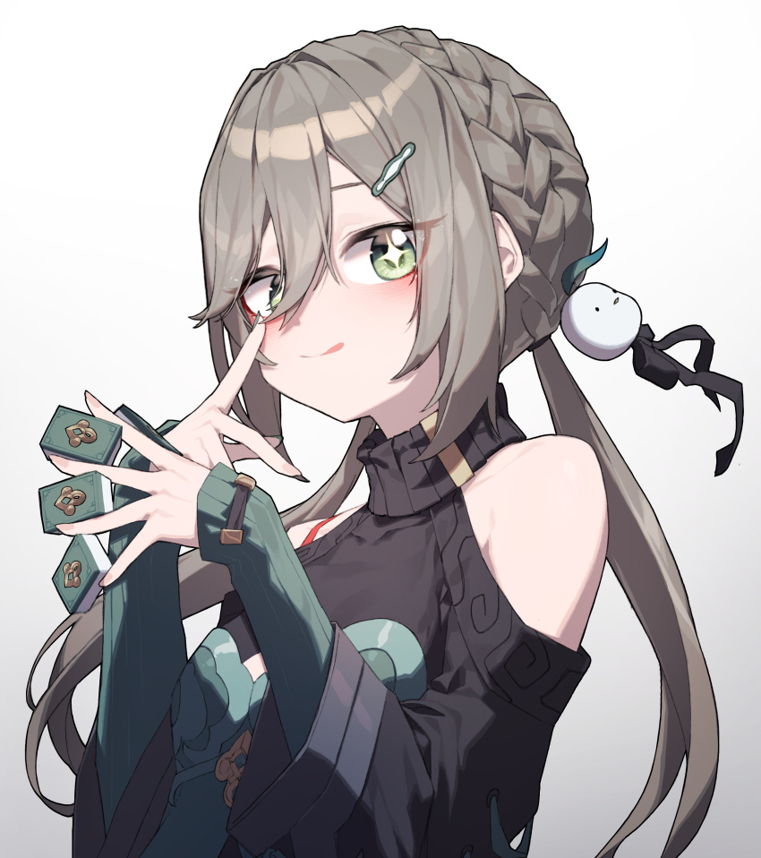 +_+ 1girl :q absurdres bare_shoulders beudelb black_shirt braid brown_hair charm_(object) clothing_cutout gradient_background green_eyes hair_between_eyes hair_ornament hairclip highres honkai:_star_rail honkai_(series) layered_sleeves long_hair long_sleeves looking_at_viewer mahjong mahjong_tile qingque_(honkai:_star_rail) shirt shoulder_cutout sidelocks simple_background solo tongue tongue_out twintails upper_body white_background