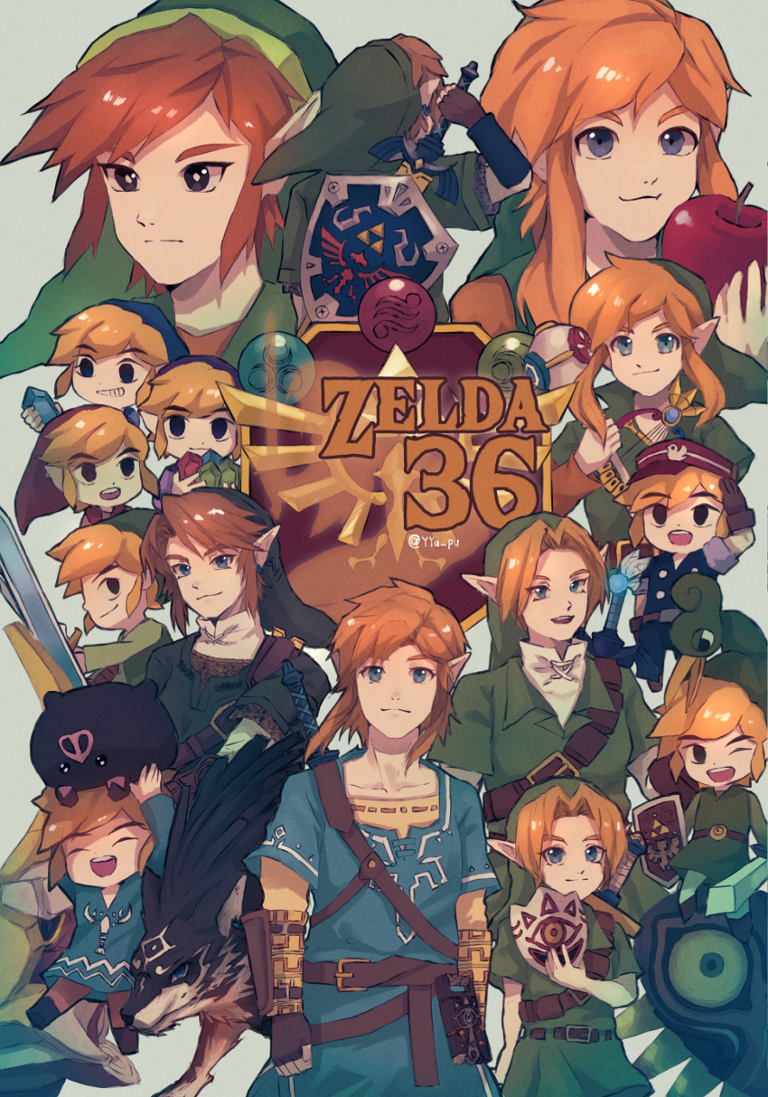 6+boys absurdres animal anniversary apple blonde_hair blue_eyes blue_tunic brown_gloves brown_hair brown_pantyhose closed_mouth collarbone copyright_name ezlo fairy food fruit gauntlets gloves grey_background highres holding holding_animal holding_food holding_fruit holding_mask holding_shield holding_sword holding_weapon hylian_shield link majora_(entity) male_focus mask mask_of_truth multiple_boys multiple_persona navi open_mouth pantyhose pointy_ears red_apple rupee_(zelda) sheikah_slate shield shield_on_back short_hair sidelocks smile sword sword_on_back teeth the_legend_of_zelda the_legend_of_zelda:_a_link_to_the_past the_legend_of_zelda:_breath_of_the_wild the_legend_of_zelda:_four_swords the_legend_of_zelda:_majora's_mask the_legend_of_zelda:_ocarina_of_time the_legend_of_zelda:_oracle_of_ages the_legend_of_zelda:_oracle_of_seasons the_legend_of_zelda:_skyward_sword the_legend_of_zelda:_spirit_tracks the_legend_of_zelda:_the_minish_cap the_legend_of_zelda:_the_wind_waker the_legend_of_zelda:_twilight_princess the_legend_of_zelda_(nes) toon_link upper_teeth_only weapon weapon_on_back wolf_link yyu_pu