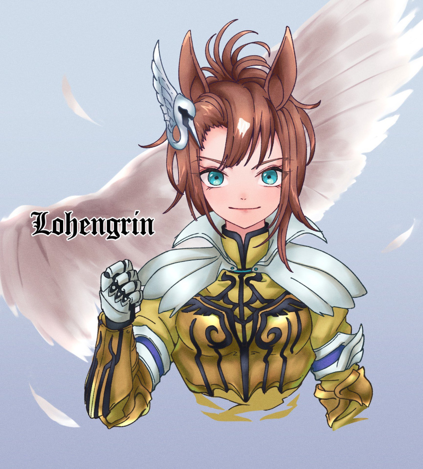 1girl animal_ears armor asymmetrical_bangs bird breastplate brown_hair character_name clenched_hand commentary eyes_visible_through_hair feathers gauntlets genderswap genderswap_(mtf) gradient_background green_eyes grey_background hair_ornament highres horse_ears horse_girl lohengrin_(racehorse) looking_at_viewer multicolored_hair obushideian original personification plate_armor solo swan two-tone_hair umamusume upper_body white_feathers white_hair