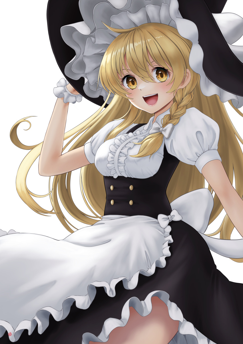 1girl :d absurdres ahoge apron back_bow black_dress black_headwear blonde_hair bow braid breasts commentary_request cowboy_shot dress frilled_dress frills hand_on_headwear hat highres kirisame_marisa long_hair looking_at_viewer medium_breasts nao_suke open_mouth puffy_short_sleeves puffy_sleeves short_sleeves single_braid smile solo thighs touhou v-shaped_eyebrows waist_apron white_bow witch_hat yellow_eyes