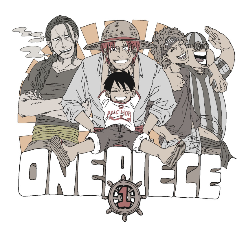 5boys aged_down bandana benn_beckman black_eyes black_hair character_name child cigarette closed_eyes commentary_request crossed_arms dreadlocks english_text facial_hair full_body goggles hand_on_another's_shoulder hat headband highres long_hair low_ponytail lucky_roux male_focus monkey_d._luffy multiple_boys one_piece open_mouth ponytail ram3988 redhead sandals scar scar_across_eye scar_on_cheek scar_on_face shanks_(one_piece) shirt short_hair short_sleeves shorts smile smoke straw_hat teeth yasopp