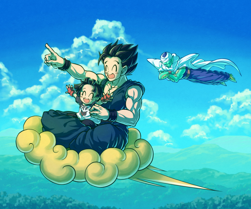 1girl 2boys :d ^_^ arm_up arms_up biceps black_hair black_pants black_wristband blue_pants blue_sky blush blush_stickers cape child closed_eyes clouds colored_skin commentary_request crossed_arms day dougi dragon_ball dragon_ball_super dragon_ball_super_super_hero eyelashes father_and_daughter fingerless_gloves flying flying_nimbus gloves green_skin koukyouji mountainous_horizon multiple_boys muscular muscular_male namekian open_mouth outdoors pan_(dragon_ball) pants piccolo pointing pointy_ears print_shirt purple_pants red_gloves red_sash riding sash shirt short_hair short_sleeves shoulder_pads sitting sitting_on_lap sitting_on_person sky smile son_gohan spiky_hair t-shirt turban white_cape whorled_clouds wristband