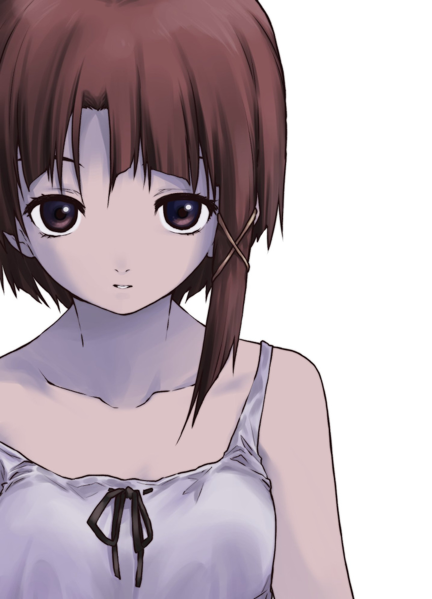1girl asymmetrical_hair bare_shoulders black_ribbon brown_eyes brown_hair camisole collarbone expressionless hair_ornament highres iwakura_lain looking_at_viewer parted_lips ribbon serial_experiments_lain short_hair simple_background single_sidelock solo take_shinobu upper_body white_background x_hair_ornament