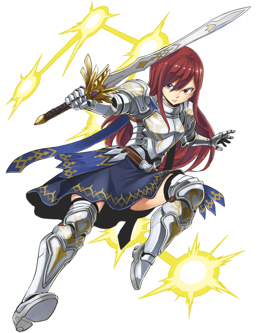 1girl armor belt blue_skirt boots breastplate brown_belt brown_hair crossover erza_scarlet fairy_tail full_body gate_of_nightmares gauntlets highres holding holding_sword holding_weapon long_hair looking_at_viewer mashima_hiro official_art pauldrons redhead shoulder_armor skirt solo sword weapon