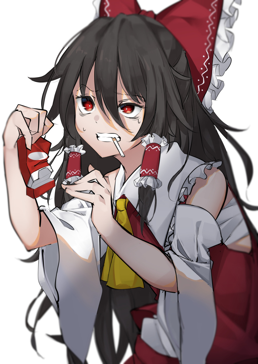 absurdres addiction ascot black_hair bow cigarette cigarette_pack commentary_request hair_bow hair_tubes hakurei_reimu highres hisha_(kan_moko) holding holding_cigarette_pack japanese_clothes miko open_mouth red_eyes simple_background smoking sweat sweatdrop teeth tobacco touhou