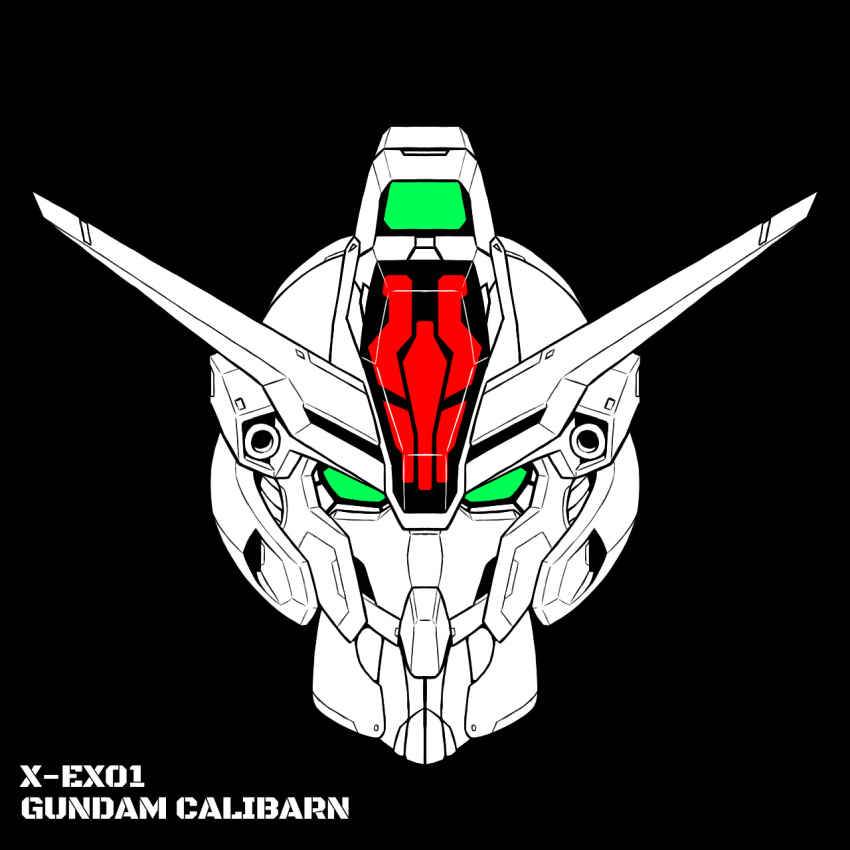 black_background character_name check_commentary commentary_request english_text green_eyes gundam gundam_calibarn gundam_suisei_no_majo head_only highres looking_at_viewer mecha mobile_suit robot solo v-fin xiphias_(mmi-m15e)