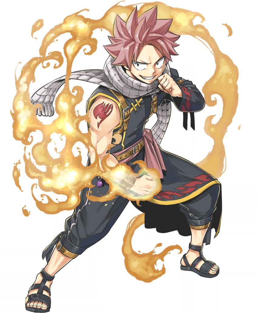 1boy belt black_footwear black_jacket black_pants brown_belt clenched_hand crossover fairy_tail fire full_body gate_of_nightmares highres jacket looking_at_viewer mashima_hiro natsu_dragneel official_art pants pink_hair sandals scarf short_hair shoulder_tattoo single_sleeve solo spiky_hair tattoo transparent_background white_scarf