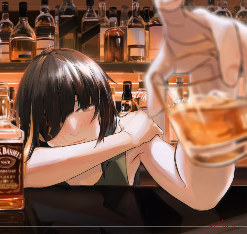 1girl alcohol ashiran bar_(place) black_hair blurry blurry_foreground blush closed_mouth commentary dated eyepatch foreshortening girls_frontline green_tank_top highres indoors jack_daniel's light_particles long_hair looking_at_viewer m16a1_(girls'_frontline) multicolored_hair one_eye_covered orange_eyes orange_hair reaching reaching_towards_viewer scar scar_on_face signature solo streaked_hair tank_top upper_body whiskey
