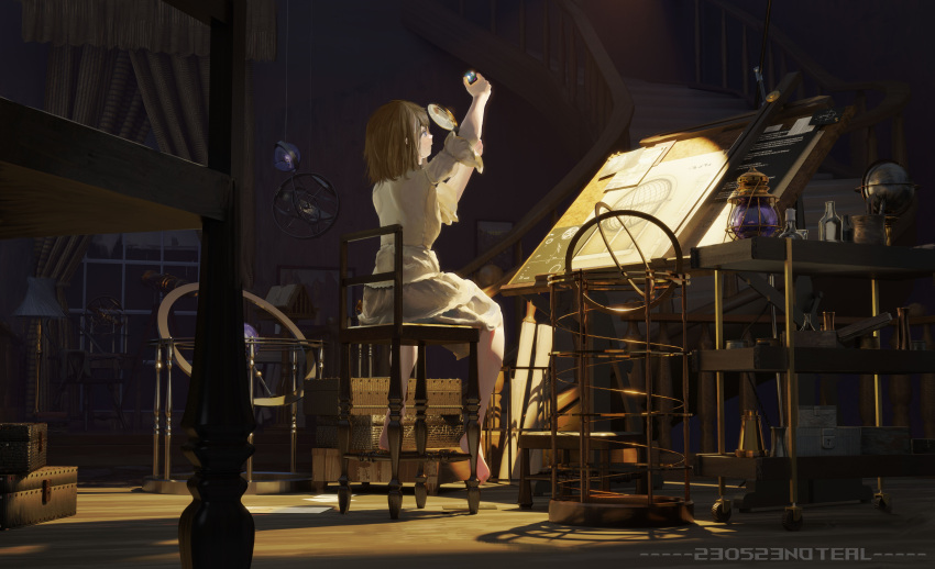 1girl absurdres arms_up artist_name attic ball barefoot blue_eyes brown_hair chair frilled_sleeves frills from_behind full_body grey_skirt highres holding holding_ball holding_magnifying_glass indoors long_sleeves magnifying_glass miniskirt noteal original outstretched_arms parted_lips potion scenery shadow shirt short_hair sitting skirt sleeves_past_elbows solo straight_hair watermark white_shirt