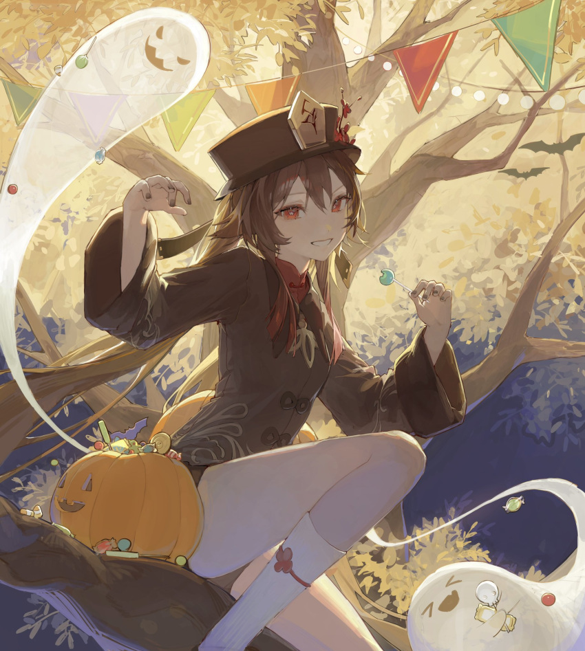 &gt;_&lt; 1girl black_headwear boo_tao_(genshin_impact) brown_hair candy english_commentary flower flower-shaped_pupils food genshin_impact ghost hair_between_eyes halloween hat hat_flower highres holding holding_candy holding_food holding_lollipop hu_tao_(genshin_impact) in_tree jack-o'-lantern kb_beary lollipop long_hair long_sleeves looking_at_viewer open_mouth red_eyes shorts sitting socks symbol-shaped_pupils tree twintails white_socks