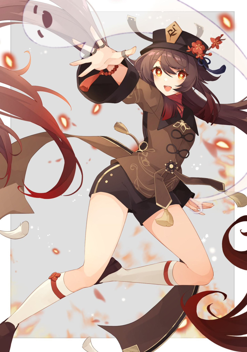 1girl bead_bracelet beads black_headwear black_shorts boo_tao_(genshin_impact) bracelet brown_hair commission fire flower flower-shaped_pupils genshin_impact ghost gradient_hair hair_between_eyes hat hat_flower highres hu_tao_(genshin_impact) jewelry long_hair long_sleeves looking_at_viewer multicolored_hair multiple_rings open_mouth red_eyes red_flower redhead ring shakemi_(sake_mgmgmg) shoes short_shorts shorts simple_background skeb_commission socks symbol-shaped_pupils tassel twintails very_long_hair white_socks