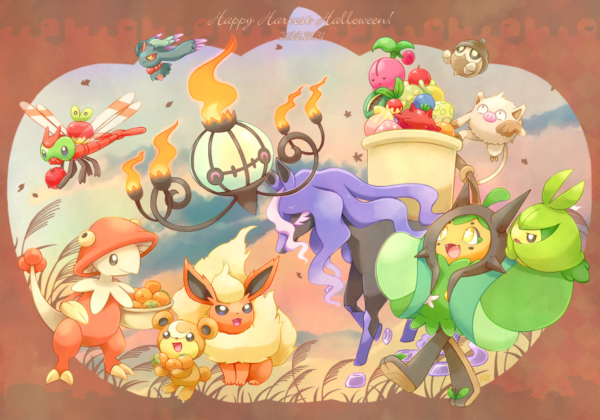 :d alternate_color applin berry_(pokemon) breloom bright_pupils chandelure cherubi closed_mouth clouds commentary_request dated falling_leaves fire flareon flutter_mane flying food fruit halloween happy_halloween highres holding leaf mankey ogerpon open_mouth outdoors pokemon pokemon_(creature) samsung_(yuzuikka) seedot shiny_pokemon sky smile spectrier standing swadloon teddiursa tongue walking white_pupils yanma