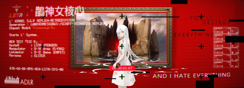 1girl absurdres after_tribadism ariane_yeong bandaid bandaid_on_neck book dress highres long_hair looking_at_viewer paint pixel_text red_eyes rotarran science_fiction signalis solo too_many_bandaids white_hair