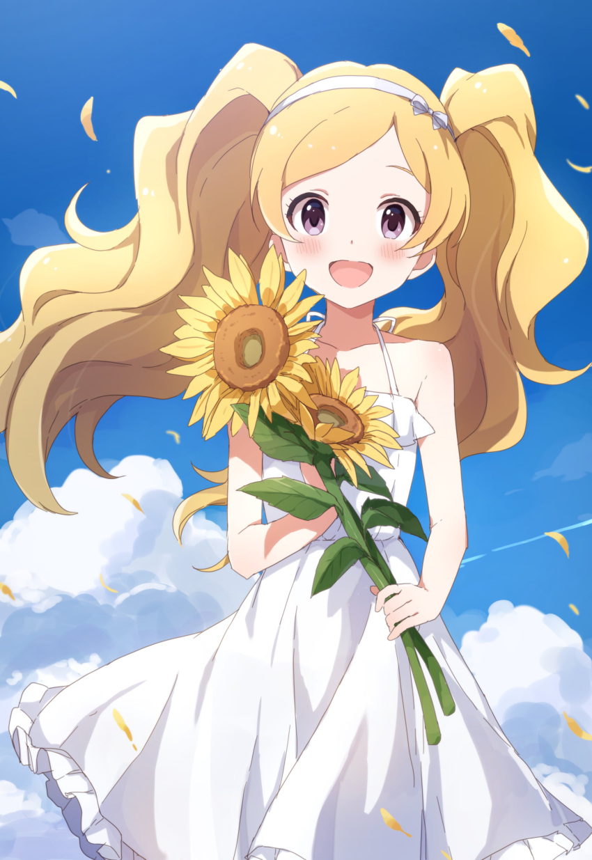 1girl absurdres bare_shoulders blonde_hair blue_sky blush breasts buchi_(y0u0ri_) collarbone contrail day dot_nose dress emily_stewart falling_petals flower frilled_dress frills hairband highres holding holding_flower idolmaster idolmaster_million_live! idolmaster_million_live!_theater_days long_hair looking_at_viewer open_mouth outdoors petals sky sleeveless sleeveless_dress small_breasts smile solo sunflower twintails violet_eyes white_dress white_hairband