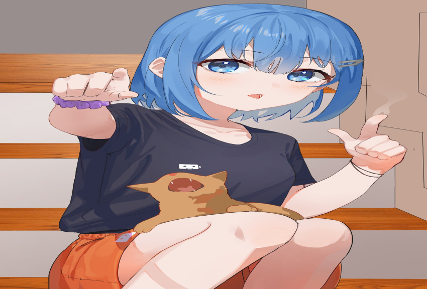 1girl animal_on_lap bad_aspect_ratio black_shirt blue_eyes blue_hair blush cat cat_on_lap collarbone hair_between_eyes hair_ornament hairclip highres looking_at_viewer mads_ez on_lap open_mouth orange_shorts original pointing pointing_at_viewer scrunchie shirt short_hair short_sleeves shorts sitting sitting_on_stairs solo stairs upper_body wrist_scrunchie