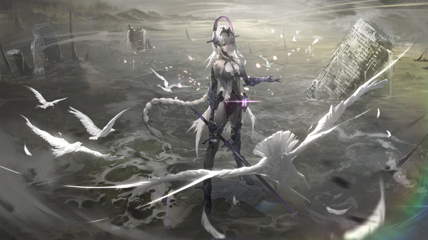 1girl absurdres asymmetrical_legwear bianca:_abystigma_(punishing:_gray_raven) bianca_(punishing:_gray_raven) bird black_bodysuit bodysuit braid breasts cleavage_cutout clothing_cutout clouds cloudy_sky feathers full_body headgear highres holding holding_sword holding_weapon joints lantern large_breasts light_particles long_hair mechanical_arms mechanical_legs mole mole_under_eye mountainous_horizon non-humanoid_robot official_art official_wallpaper punishing:_gray_raven robot robot_joints ruins single_braid sky solo standing sword very_long_hair violet_eyes weapon white_bird white_hair xiao_feng