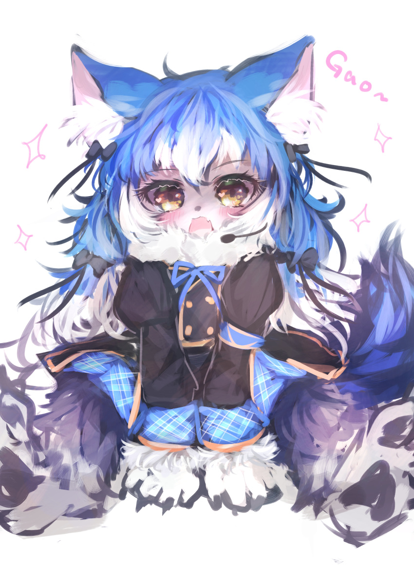 1girl absurdres animal_ear_fluff animal_ears blazer blue_hair bow bowtie dire_wolf_(kemono_friends) extra_ears full_body highres jacket kemono_friends kemono_friends_v_project long_hair looking_at_viewer maki_gamin microphone ribbon scarf simple_background skirt solo tail twintails virtual_youtuber wolf_ears wolf_girl wolf_tail yellow_eyes