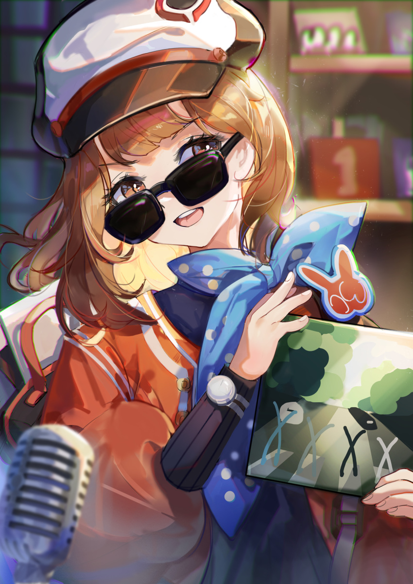 1girl abbey_road absurdres black_headwear blue_bow blurry blurry_background blurry_foreground bow brown_eyes brown_hair commentary highres jacket light_particles long_hair long_sleeves looking_over_eyewear microphone miyano_haruto multicolored_clothes multicolored_headwear open_mouth orange_jacket regulus_(reverse:1999) reverse:1999 smile solo sunglasses teeth upper_teeth_only watch watch white_headwear