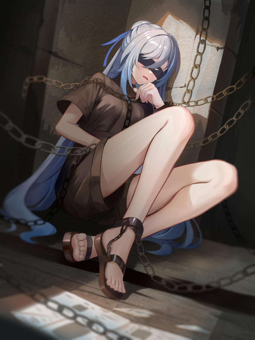 1girl absurdres black_blindfold blindfold breasts brown_pants brown_shirt chain covered_eyes cuffs fangai-anmian hair_between_eyes high_ponytail highres honkai:_star_rail honkai_(series) jingliu_(honkai:_star_rail) knees_up long_hair medium_breasts pants parted_lips prison restrained shackles shirt short_sleeves sitting soles solo white_hair