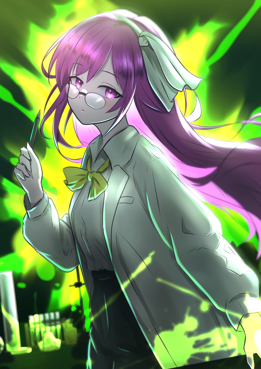 absurdres asakura_rikako beaker black_pants bow bowtie explosion glasses highres holding holding_pen lab_coat laboratory long_hair looking_at_viewer looking_over_eyewear pants pen purple_hair rinkaito1231 shirt stained_clothes test_tube touhou violet_eyes white_shirt yellow_bow yellow_bowtie