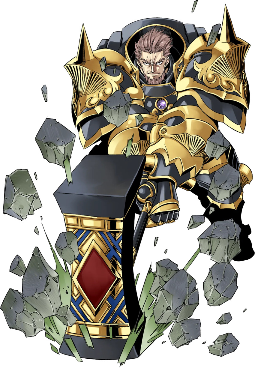 1boy armor beard breastplate brown_hair facial_hair full_body gate_of_nightmares gauntlets hammer highres holding holding_hammer holding_weapon looking_at_viewer mashima_hiro official_art pauldrons rubble short_hair shoulder_armor solo spiked_pauldrons transparent_background war_hammer weapon ziguile_(gate_of_nightmares)