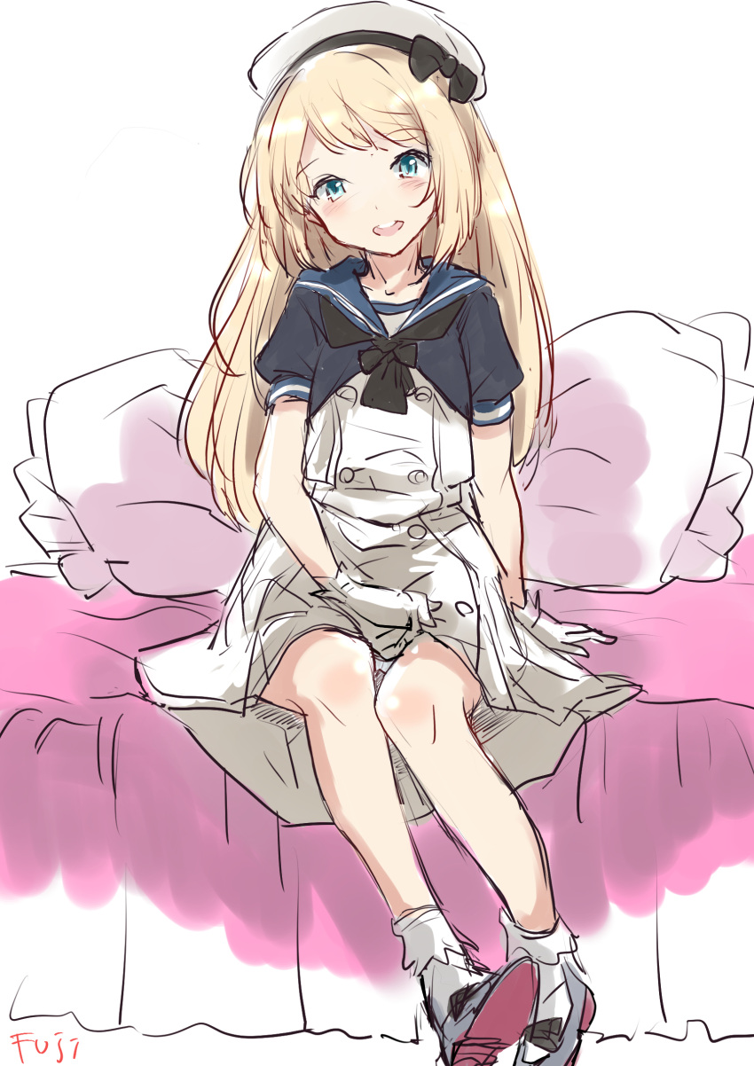 1girl bed black_neckerchief blonde_hair blue_eyes blue_jacket blue_sailor_collar dress fuji_(pixiv24804665) gloves hat highres jacket jervis_(kancolle) kantai_collection long_hair looking_at_viewer mary_janes neckerchief open_mouth pillow round_teeth sailor_collar sailor_dress sailor_hat shoes short_sleeves simple_background sitting smile socks solo teeth upper_teeth_only white_background white_dress white_gloves white_headwear white_socks