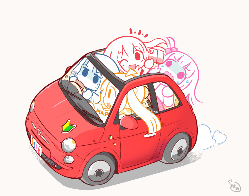 4girls blonde_hair blue_hair bocchi_the_rock! cellphone commentary_request cube_hair_ornament driving fiat fiat_500 gotoh_hitori hair_ornament hanomido highres ijichi_nijika kita_ikuyo map multiple_girls official_style one_eye_closed phone pink_hair red_car redhead scared selfie smartphone steering_wheel white_background yamada_ryo