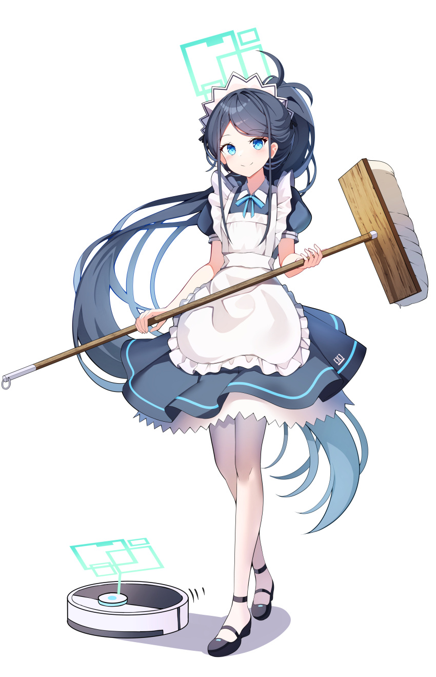 1girl absurdres apron aris_(blue_archive) aris_(maid)_(blue_archive) black_footwear blue_archive blue_eyes broom closed_mouth green_halo halo highres holding holding_broom long_hair looking_at_viewer maid maid_apron maid_headdress official_alternate_costume pantyhose ponytail shoes simple_background smile sob_(submar1089) standing very_long_hair white_background white_pantyhose