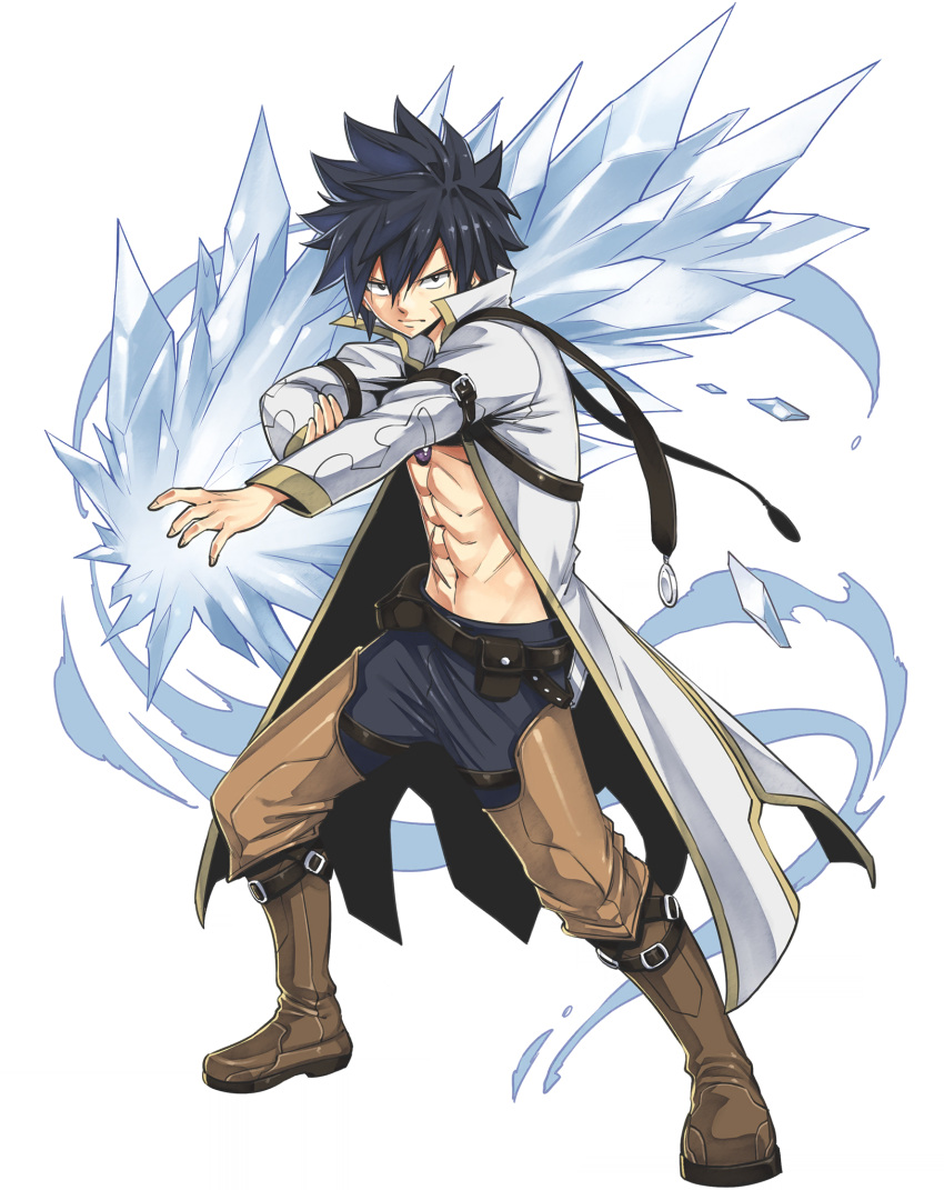 abs belt black_hair blue_pants boots brown_belt brown_footwear brown_pants crossover fairy_tail full_body gate_of_nightmares gray_fullbuster highres ice jacket looking_at_viewer magic mashima_hiro official_art open_clothes open_jacket pants short_hair solo spiky_hair transparent_background white_jacket