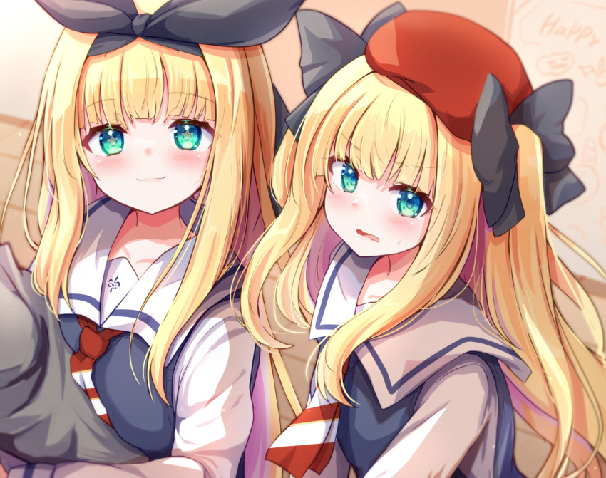 2girls baram beret black_bow black_ribbon blonde_hair bow closed_mouth commentary_request diagonal_stripes dual_persona green_eyes hair_bow hair_ribbon hat indoors long_hair long_sleeves looking_at_viewer mononobe_alice multiple_girls nijisanji parted_lips puffy_long_sleeves puffy_sleeves red_headwear ribbon school_uniform shirt smile star-shaped_pupils star_(symbol) striped sweater_vest symbol-shaped_pupils two_side_up upper_body v-shaped_eyebrows very_long_hair virtual_youtuber white_shirt wooden_floor