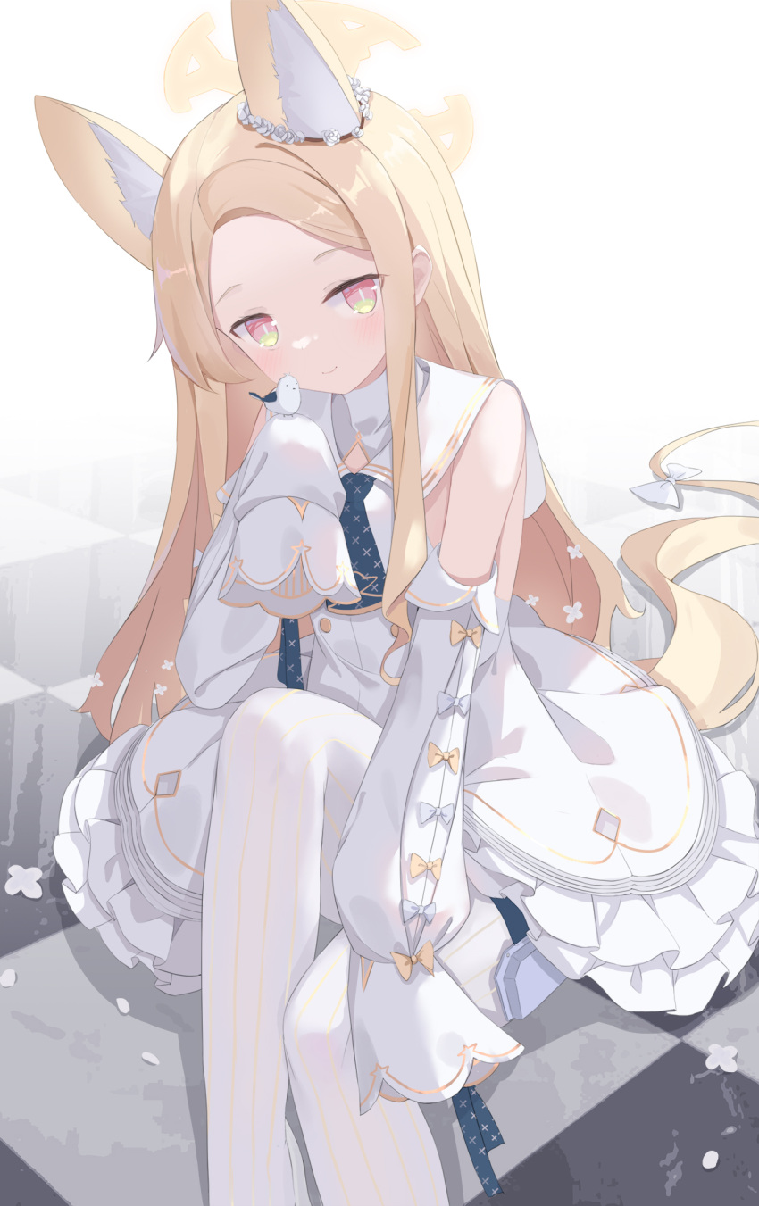 1girl animal animal_ears bare_shoulders bird blonde_hair blue_archive checkered_floor closed_mouth detached_sleeves dress flat_chest fox_ears fox_tail halo highres long_hair seia_(blue_archive) serika sleeves_past_fingers sleeves_past_wrists smile solo tail very_long_hair white_bird white_dress white_sleeves yellow_eyes yellow_halo