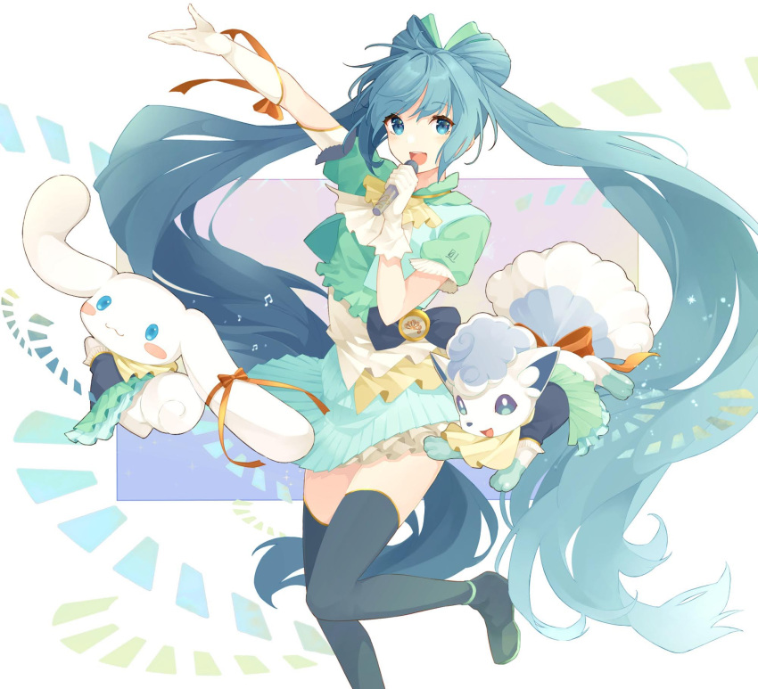 1girl :3 alolan_vulpix aqua_hair black_thighhighs blue_eyes blue_hair bow-shaped_hair cinnamoroll clothed_pokemon crossover dress frills gloves hatsune_miku highres holding holding_microphone long_hair microphone multicolored_hair multiple_crossover musical_note open_mouth pokemon pokemon_(creature) sanrio shakemi_(sake_mgmgmg) short_sleeves simple_background thigh-highs twintails very_long_hair vocaloid white_gloves