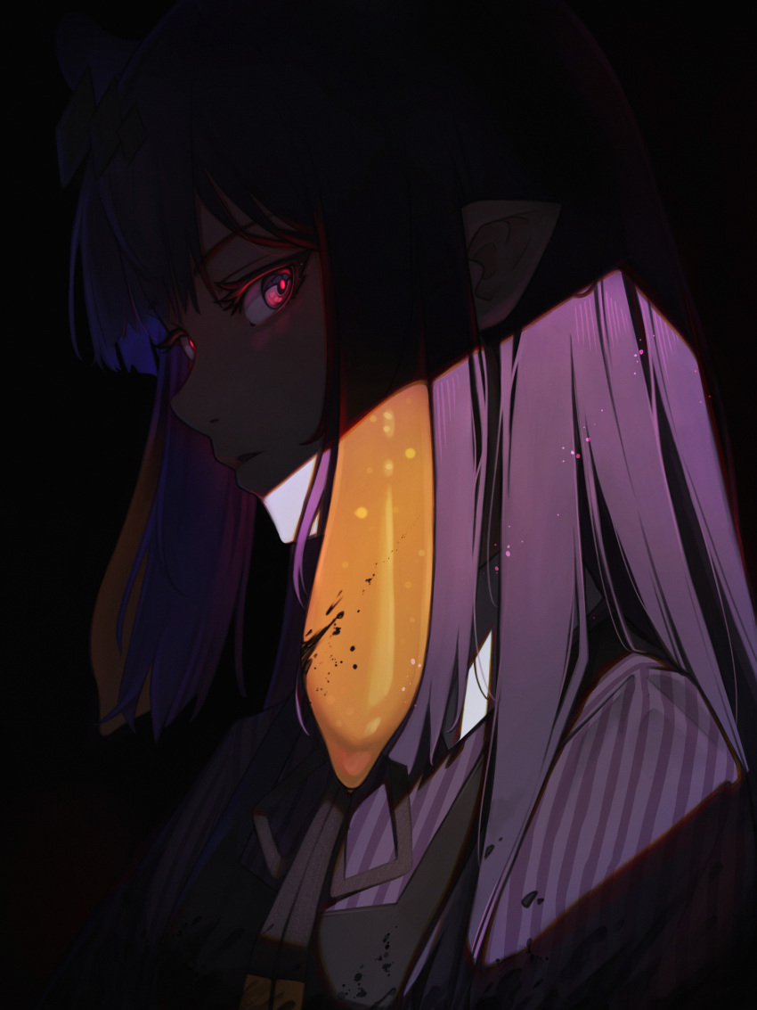 1girl absurdres blood blood_in_hair blood_on_clothes dress glowing glowing_eyes gradient_hair highres hololive hololive_english holomyth j4ngaro multicolored_hair ninomae_ina'nis orange_hair parted_lips pointy_ears purple_dress purple_hair solo tentacle_hair violet_eyes virtual_youtuber