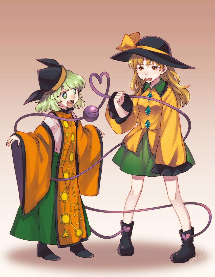 2girls alternate_costume black_footwear black_headwear blonde_hair blouse breasts buttons clenched_hand collar collared_shirt color_connection constellation_print cosplay costume_switch detached_sleeves diamond_(gemstone) eyeball frilled_collar frills full_body gradient_background green_eyes green_hair green_skirt hat hat_ribbon heart heart_of_string highres komeiji_koishi komeiji_koishi_(cosplay) long_hair long_skirt matara_okina matara_okina_(cosplay) medium_breasts miniskirt multiple_girls open_mouth pigeon-toed ribbon shadow shikido_(khf) shirt short_hair skirt standing tabard teeth third_eye tongue touhou undershirt wide_sleeves yellow_ribbon yellow_shirt