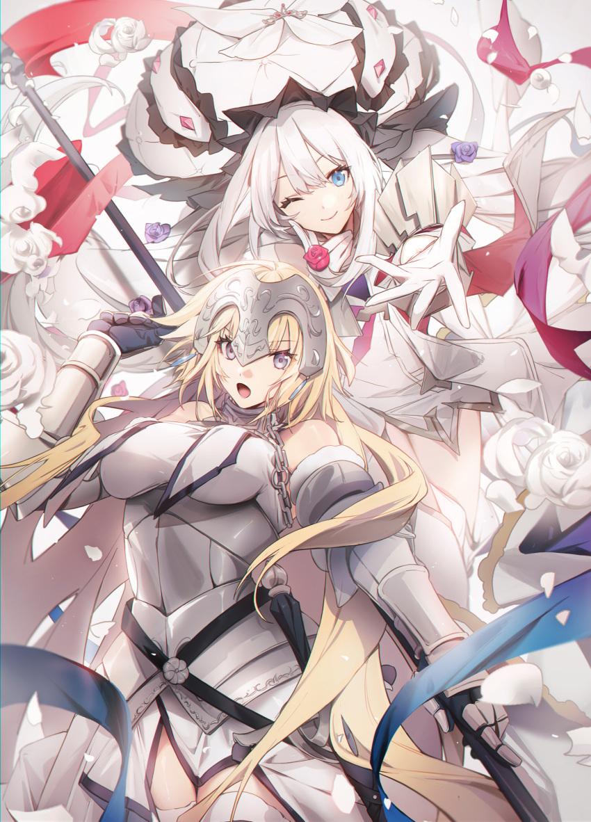2girls absurdres blonde_hair blue_eyes breasts dress fate/grand_order fate_(series) flower gauntlets gloves hat highres jeanne_d'arc_(fate) large_breasts long_hair marie_antoinette_(fate) multiple_girls no-kan one_eye_closed rose smile white_dress white_flower white_gloves white_hair white_rose