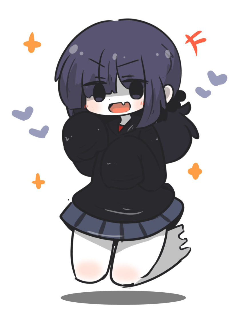 +++ 1girl :d black_hoodie blush commentary_request dissolving eyes_visible_through_hair fang grey_skirt hair_over_one_eye heart highres hood hood_down hoodie long_hair long_sleeves original pale_skin pleated_skirt purple_hair shadow simple_background skirt sleeves_past_fingers sleeves_past_wrists smile solo sparkle uni_souchou v-shaped_eyebrows violet_eyes white_background