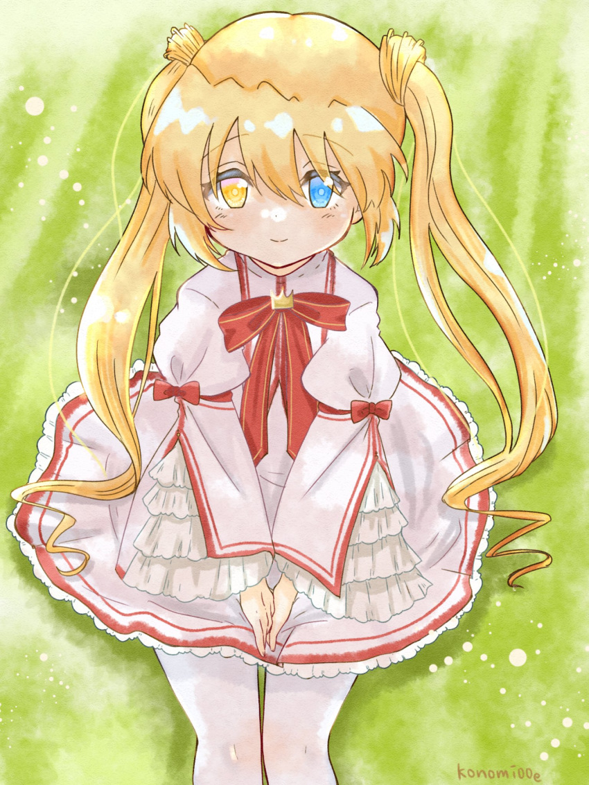 1girl artist_name backlighting blonde_hair blue_eyes blush bow closed_mouth commentary cowboy_shot crown dress eyelashes eyes_visible_through_hair frilled_dress frilled_sleeves frills from_above green_background hair_between_eyes heterochromia highres juliet_sleeves kazamatsuri_institute_high_school_uniform konomi_(konomi00e) long_hair long_sleeves looking_at_viewer mini_crown nakatsu_shizuru neck_ribbon own_hands_together pink_dress puffy_sleeves red_bow red_ribbon rewrite ribbon school_uniform short_dress sidelocks simple_background sitting smile solo tareme traditional_media twintails v_arms very_long_hair wide_sleeves yellow_eyes