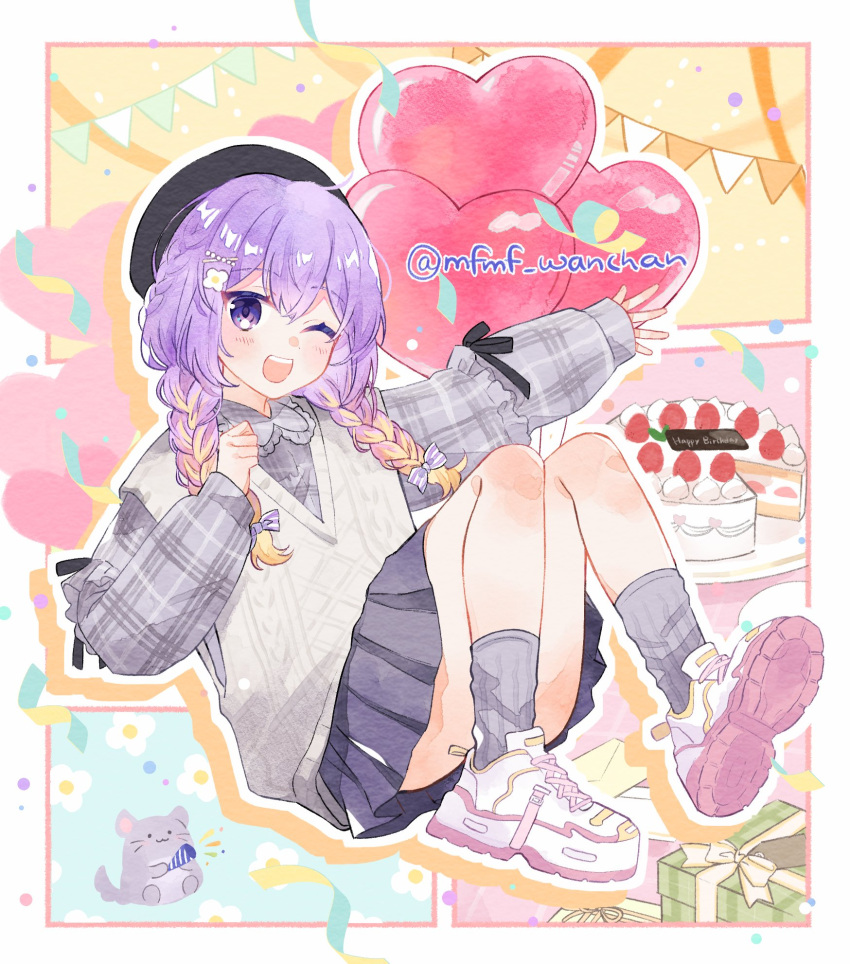 1girl balloon beret black_ribbon blonde_hair braid cake chinchilla_(animal) commentary food frills gift grey_sweater_vest hair_ornament hairclip hanamori_natsumi happy_birthday hat heart_balloon highres holding_party_popper light_blush looking_at_viewer multicolored_hair one_eye_closed open_mouth party_popper plaid purple_hair ribbed_socks ribbon shoes skirt smile sneakers socks solo strawberry_shortcake sweater_vest teeth twin_braids twitter_username upper_teeth_only violet_eyes wanmofu
