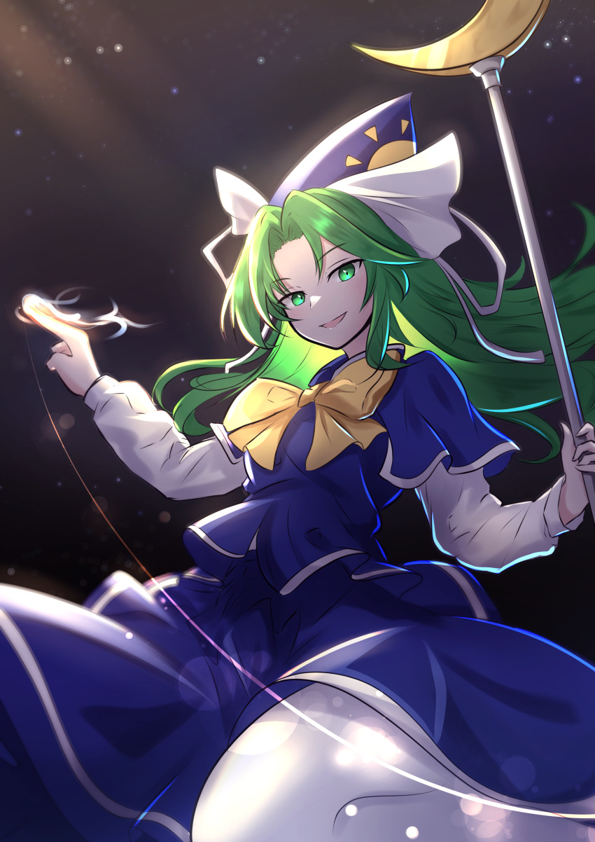 absurdres blue_dress blue_headwear bow bowtie crescent crescent_wand dress ghost_tail green_eyes green_hair hat highres holding holding_staff long_hair looking_at_viewer mima_(touhou) night night_sky rinkaito1231 shirt sky smile staff sun_print touhou white_shirt wizard_hat yellow_bow yellow_bowtie