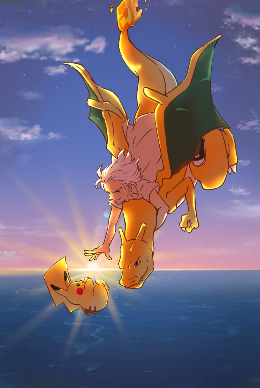 1boy absurdres charizard claws clouds commentary_request falling flame-tipped_tail friede_(pokemon) highres kanno_0v0 looking_down male_focus outdoors outstretched_arm parted_lips pikachu pokemon pokemon_(anime) pokemon_horizons riding riding_pokemon shirt shoes short_sleeves sky smile sunset water white_hair