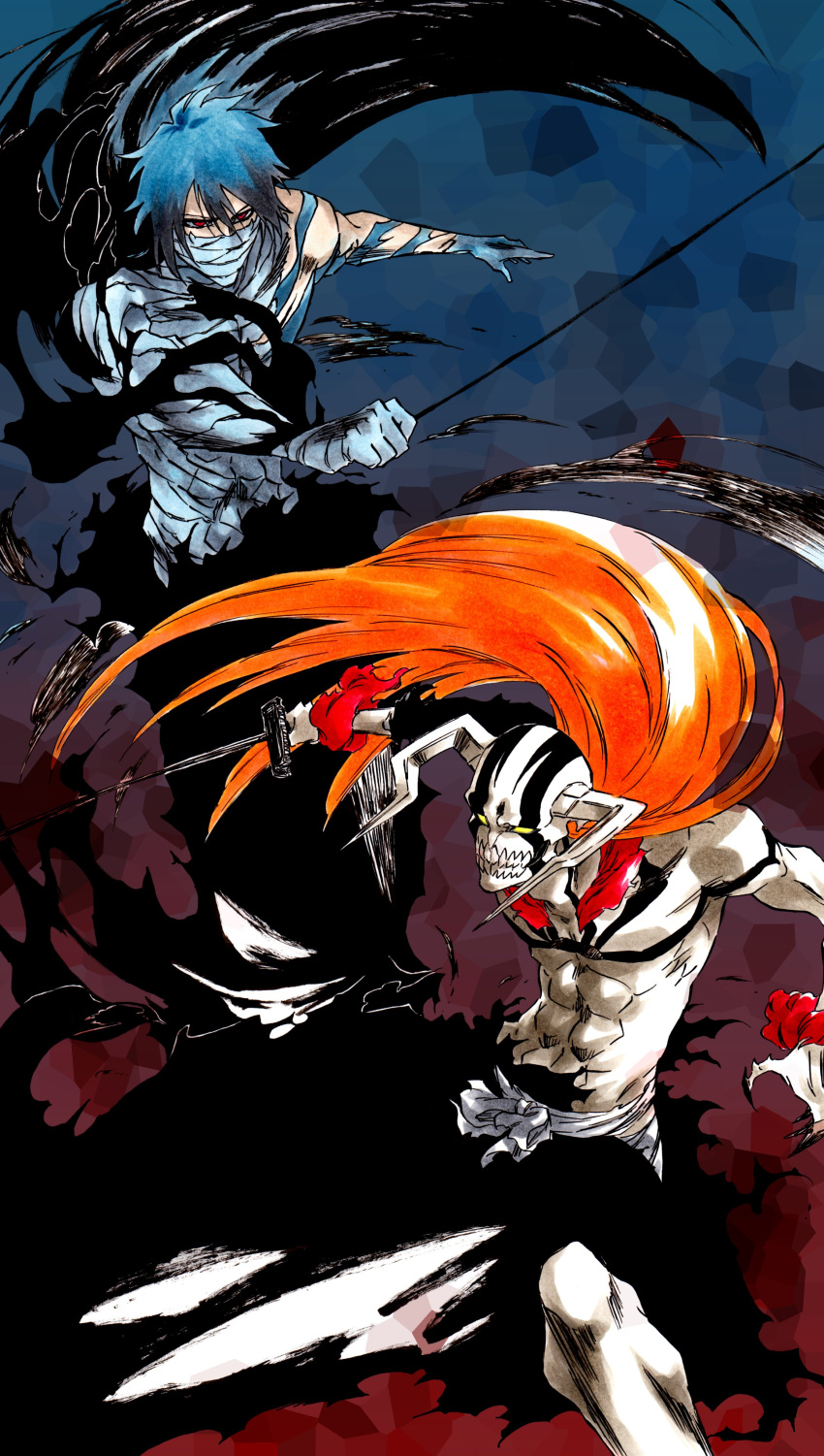 2boys abs absurdres black_hair black_pants bleach claws colored_skin covered_mouth hair_between_eyes highres holding holding_sword holding_weapon hollow_ichigo hollow_mask horns hunched_over ken'ichi_(ken1ro_u) kurosaki_ichigo long_hair mask multiple_boys orange_hair pants red_eyes single_sleeve sword topless_male torn_clothes weapon white_skin yellow_eyes