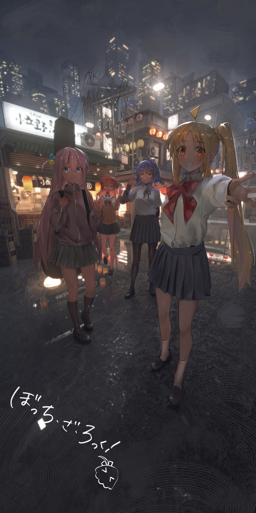 3d_background 4girls absurdly_detailed_background absurdres air_conditioner awning beer_crate billboard black_footwear black_pantyhose black_ribbon black_skirt black_socks blonde_hair blue_eyes blue_hair bocchi_the_rock! bottle bow bowtie building city_lights commentary copyright_name cube_hair_ornament detailed_background food_stand gotoh_hitori gotoh_hitori_(octopus) grin guitar_case hair_ornament highres ijichi_nijika inkrua instrument_case jacket kita_ikuyo kneehighs lamppost lantern loafers long_hair long_sleeves looking_at_viewer lots_of_light_reflection miniskirt multicolored_paper_lantern multiple_girls neck_ribbon nervous open_mouth pantyhose paper_lantern pink_hair pink_jacket polka_dot_bowtie ponytail power_lines red_bow red_bowtie red_eyes red_paper_lantern redhead reflection reflective_floor ribbon road roof_shingles sailor_collar scenery school_uniform shirt shoes short_hair short_sleeves shuka_high_school_uniform sign_on_roof skirt skyline skyscraper smile socks store_sign street utility_pole v very_long_hair waving_hands white_paper_lantern white_sailor_collar white_shirt white_socks yamada_ryo yellow_eyes yellow_paper_lantern
