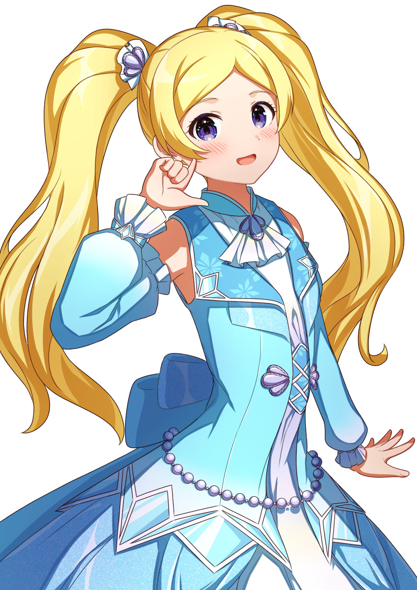 1girl absurdres akatsuki_(artakatuki) ascot bare_shoulders blonde_hair blue_dress blue_sleeves blush bow breasts detached_sleeves dot_nose dress emily_stewart finger_to_cheek hair_bow hair_ribbon hand_up highres idolmaster idolmaster_million_live! idolmaster_million_live!_theater_days index_finger_raised long_hair looking_at_viewer open_mouth ribbon simple_background sleeveless sleeveless_dress small_breasts smile solo twintails violet_eyes white_ascot white_background white_ribbon