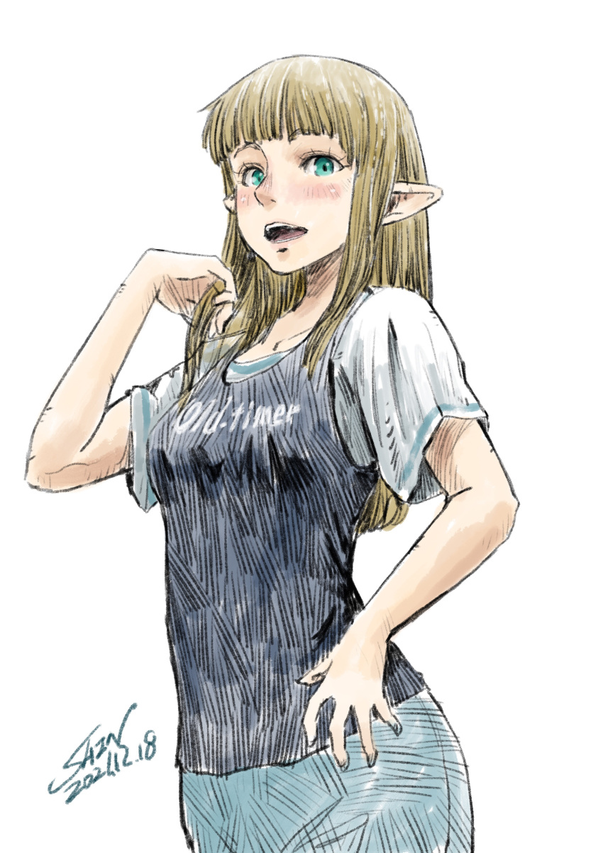 1girl absurdres blonde_hair blue_shirt blue_skirt collarbone cowboy_shot dated elf green_eyes hand_in_own_hair highres long_hair looking_at_viewer open_mouth original pointy_ears shin_iroenpitsu shirt short_sleeves signature simple_background skirt solo teeth two-tone_shirt white_background